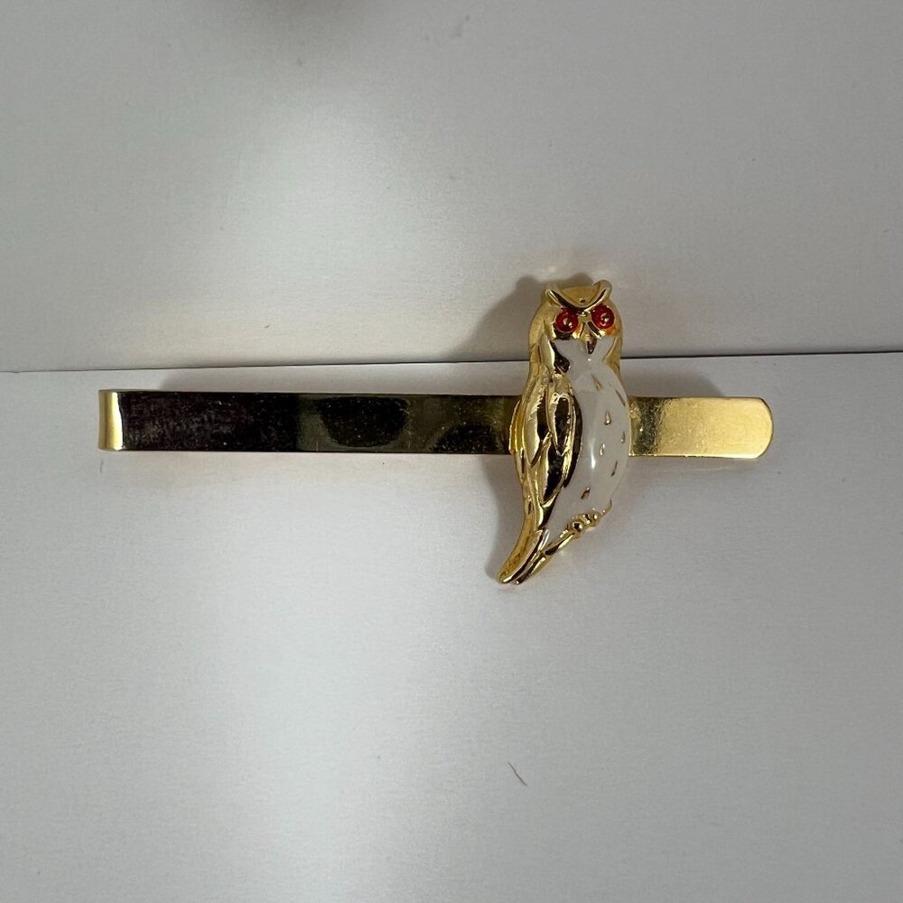 Gold-Tone Owl Tie Clip With Red Eyes & White Accents